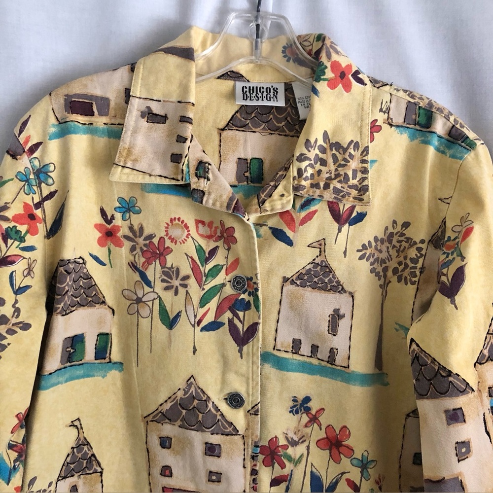 Chico's Design Denim Jacket Whimsical Floral House Print Size M/L - Picture 3 of 13